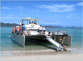 The catamaran can go up to the beach for easy access