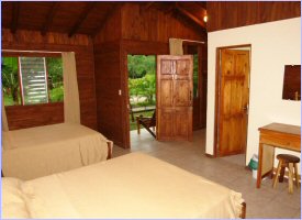 Wooden rooms are inviting and comfortable