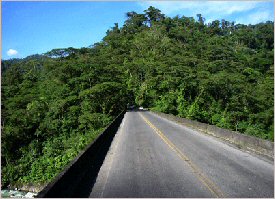Driving through the Braulio Carrillo National Park, over rivers, crossing the rainforest